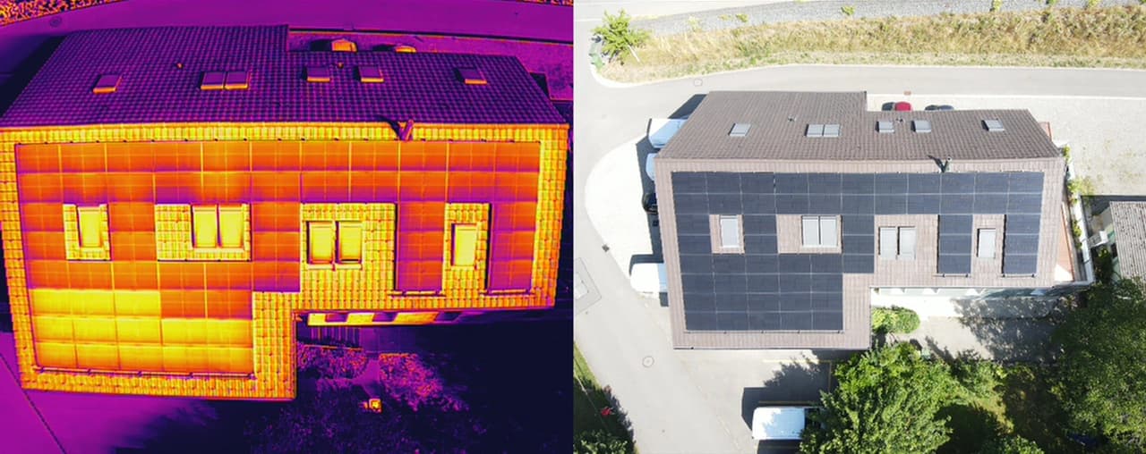 Foto eines Hauses im Vergleich mit einer Thermaldrohnenaufnahme, man erkennt defekte PV-Module